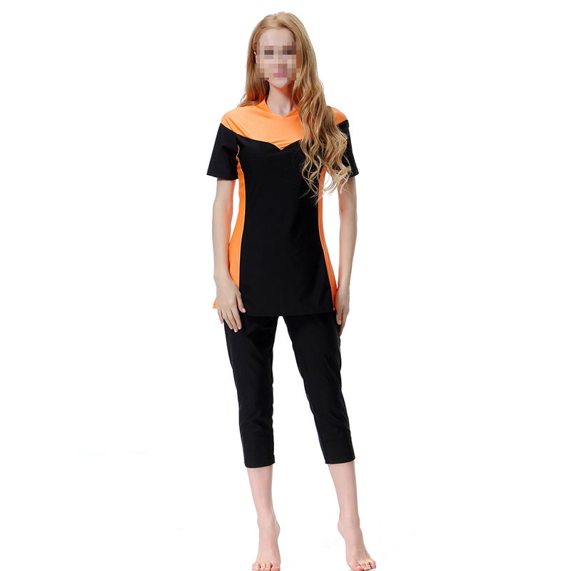 Muslim Women Swimsuit Set Traditional Modest Middle East Swimming Beachwear Swim Pants Kit for Women Ladies - Size L (Orange) - Image 2