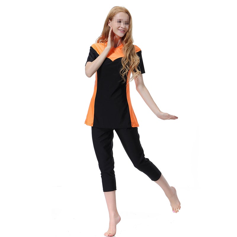 Muslim Women Swimsuit Set Traditional Modest Middle East Swimming Beachwear Swim Pants Kit for Women Ladies - Size L (Orange) - Image 3
