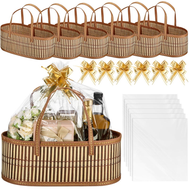 Reallnaive 6 Sets Woven Baskets for Gifts Empty Large Bamboo Gift Baskets with Handle Cellophane Wrap Bag and Pull Flower Ribbon Sturdy Foldable Gift Baskets for Christmas Thanksgiving Gift Wrapping - Image 1