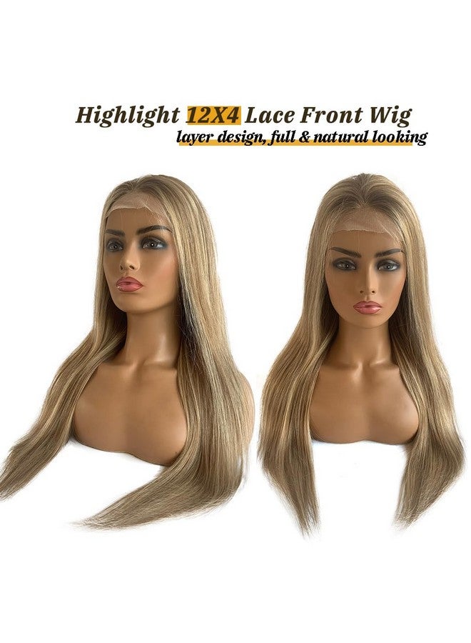 Smavida Highlight Colored 13X4 Lace Closure Straight Human Hair Wigs 20Inch Ombre Golden Brown To Blonde Brazilian 150% Density Glueless Highlights Lace Front Wigs Human Hair Pre Plucked For Women(8/18/60) - Image 4