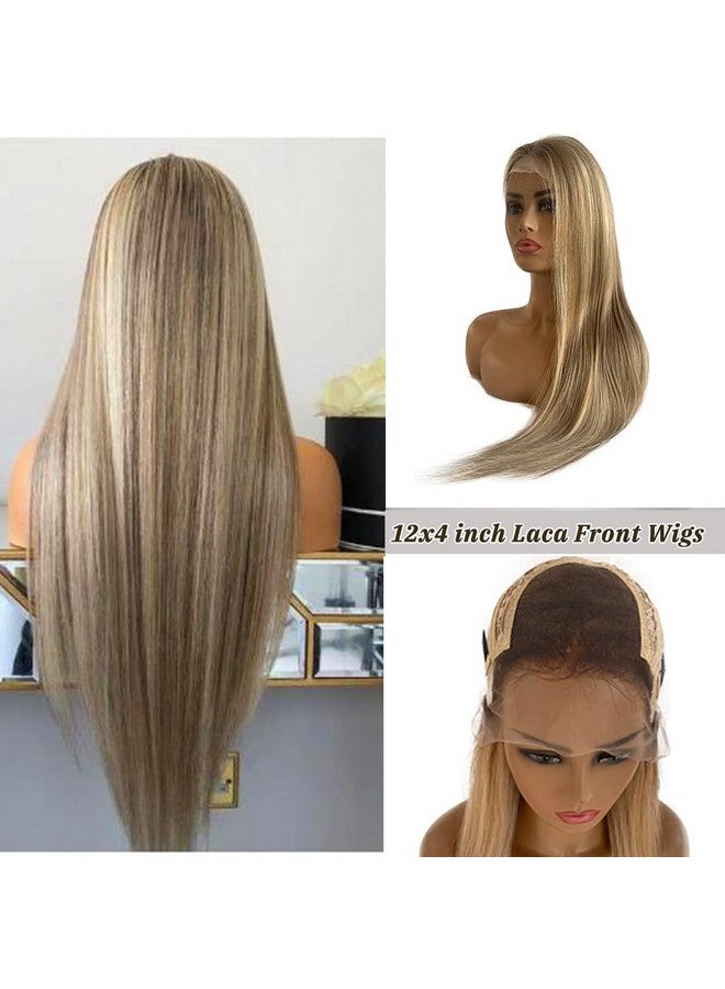 Smavida Highlight Colored 13X4 Lace Closure Straight Human Hair Wigs 20Inch Ombre Golden Brown To Blonde Brazilian 150% Density Glueless Highlights Lace Front Wigs Human Hair Pre Plucked For Women(8/18/60) - Image 3