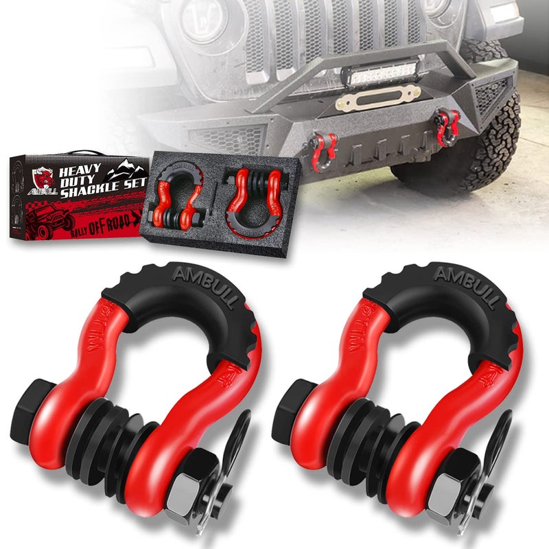 AMBULL Shackles 34 Inch D Ring Shackle 2 Pack 45000lb Break Strength with 78 Inch Pin Isolator and Washer Kits for Use with Tow Strap Winch OffRoad Jeep Truck Vehicle Recovery Red