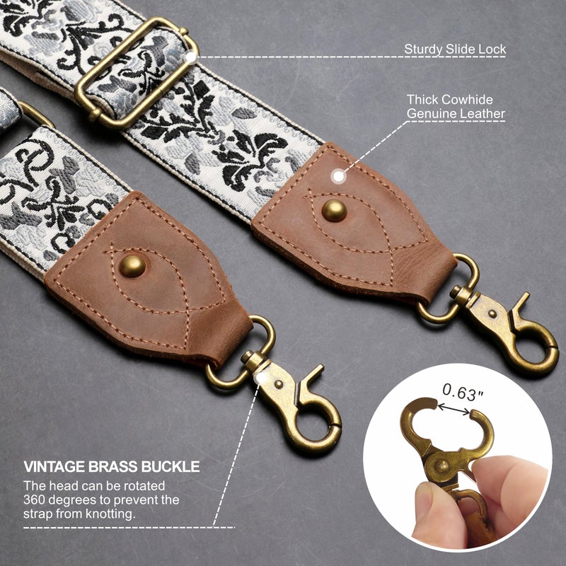 Nefelibata Purse Strap, 2" Crazy Horse Leather End Shoulder Strap Adjustable Replacement,Retro Jacquard Embroidery Multi-pattern Crossbody Bag Straps for Handbag,Crossbody Bags(Light gray jacquard) - Image 3