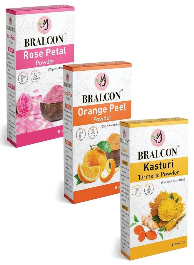 BRALCON Organic Rose Petals, Orange, Kasturi Haldi Powder Combo - 300g(100g x 3 Pack)| Rose Petal Powder, Orange Peel Powder, Kasturi Turmeric Powder for Face Beauty, Brightening & Glowing Skin - Image 1