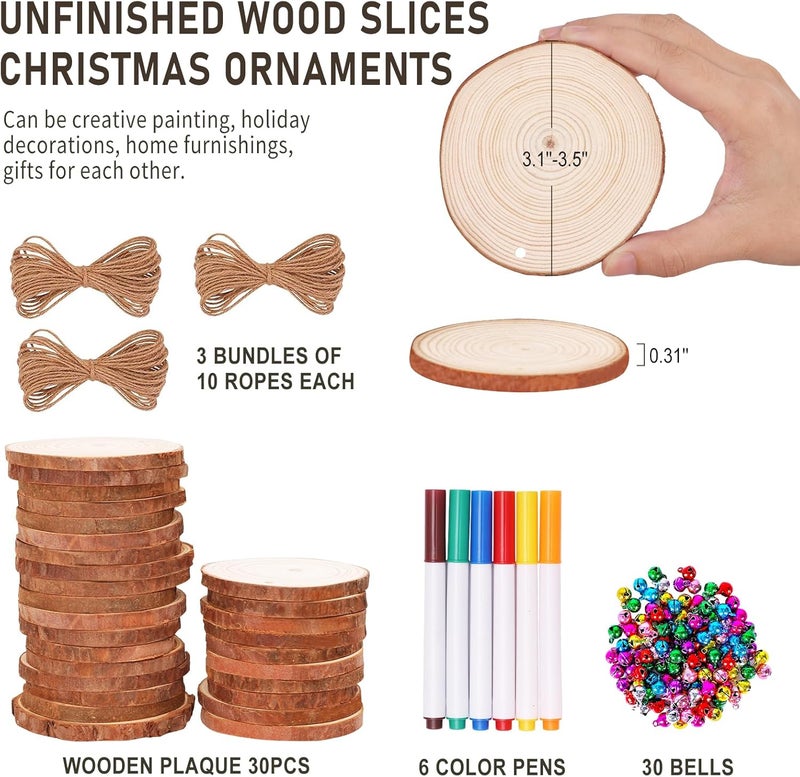 Max Fun Natural Wood Slices 30PCS 3.1-3.5'' Crafts DIY Wooden Christmas Ornaments Unfinished Predrilled Round Wood Circles for Arts and Crafts Centerpieces Holiday Hanging Decorations - Image 2