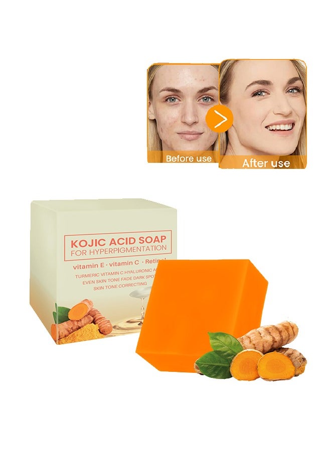 OUHOE Kojic Acid Soaf For Hyperpigmenta Tion ,With Turmeric & vitamin E & vitamin C Retinol Soap, Hyaluronic Acid Even Skin Tone ​Fade Dark Removing Spot and Acne Facial, Face and Body 100g  - Image 1