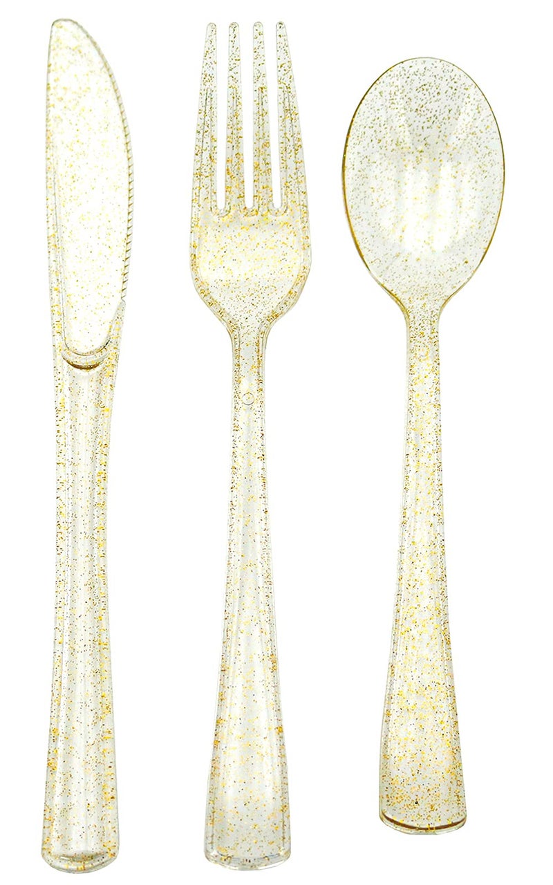 hapray 180PCS Gold Plastic Silverware Set Disposable Glitter Gold Cutlery Flatware Set 60 Gold Forks 60 Gold Spoons 60 Gold Knives Fancy Party Utensils for Christmas