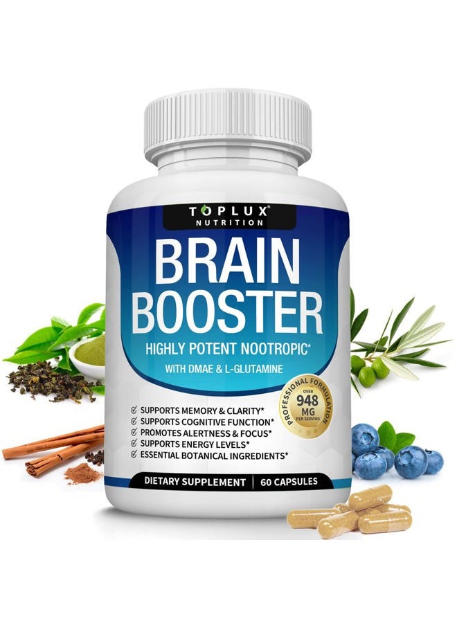 Toplux مكمل دماغي نوتروبيك – حبوب دماغية فيتامين مع DMAE، باكوبا مونييري، L-جليوتامين، للرجال والنساء، 60 كبسولة، تغذية - Image 1