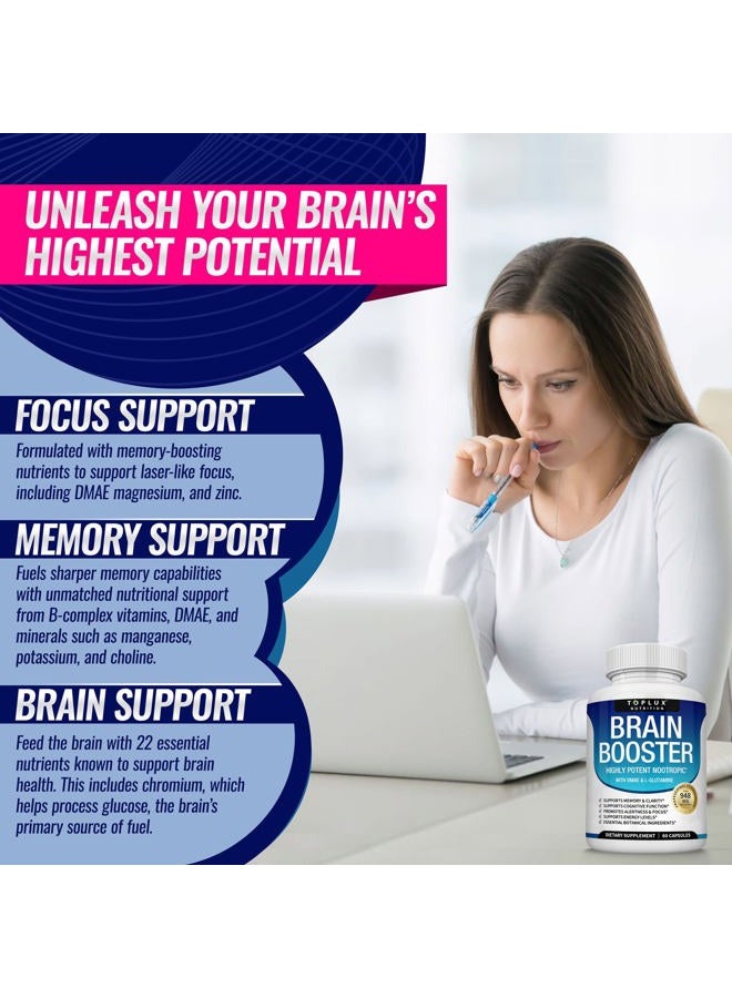 Toplux مكمل دماغي نوتروبيك – حبوب دماغية فيتامين مع DMAE، باكوبا مونييري، L-جليوتامين، للرجال والنساء، 60 كبسولة، تغذية - Image 5