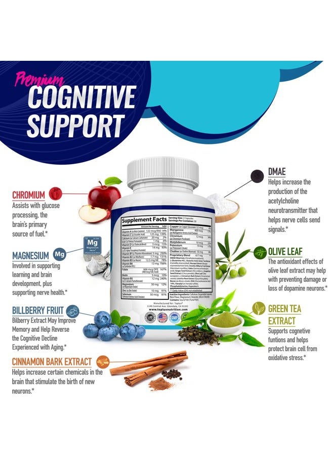 Toplux مكمل دماغي نوتروبيك – حبوب دماغية فيتامين مع DMAE، باكوبا مونييري، L-جليوتامين، للرجال والنساء، 60 كبسولة، تغذية - Image 4