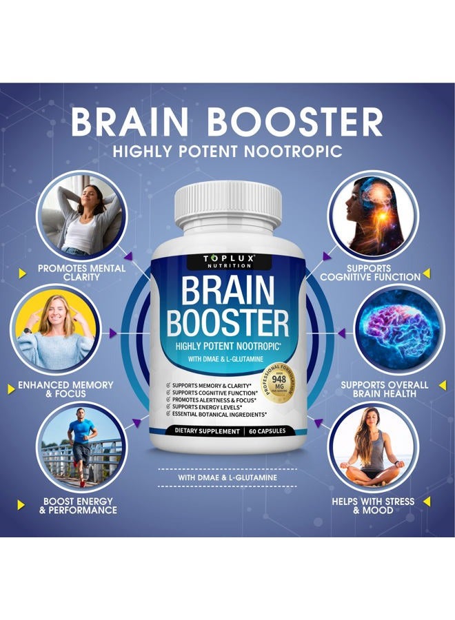 Toplux مكمل دماغي نوتروبيك – حبوب دماغية فيتامين مع DMAE، باكوبا مونييري، L-جليوتامين، للرجال والنساء، 60 كبسولة، تغذية - Image 2
