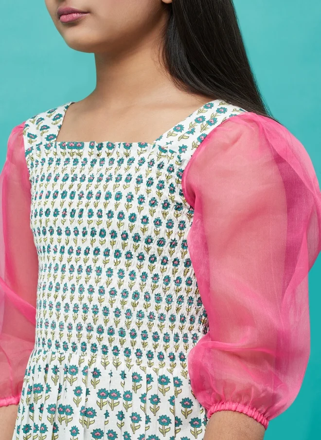 AKS Floral Printed Fit & Flare Dress for Girls