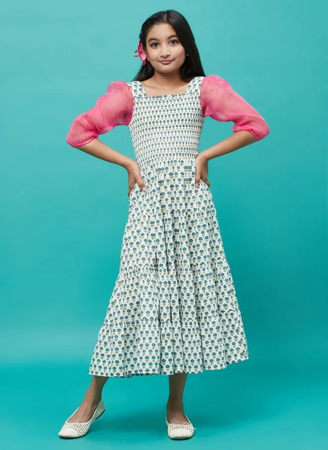 AKS Floral Printed Fit & Flare Dress for Girls
