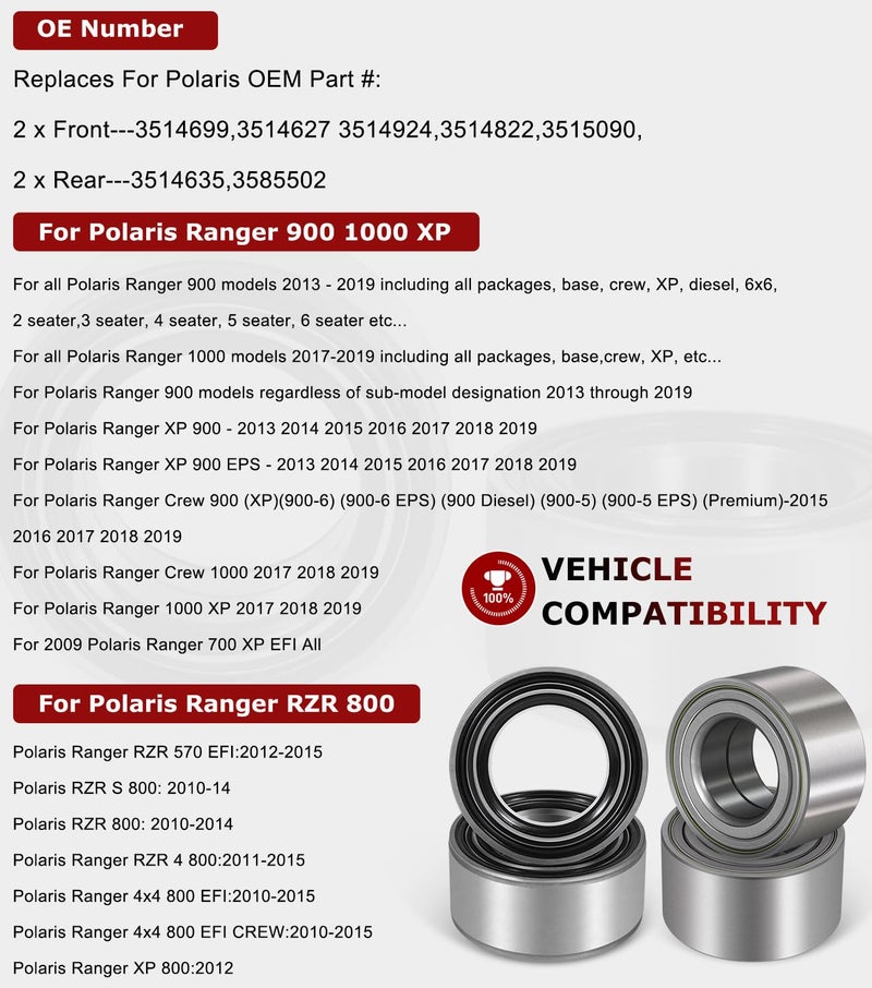 Camoo for Polaris Ranger 900 1000 XP Wheel Bearings 2013-2019 Front and Rear (4) Crew Replace 3514635, 3514699 - Image 2