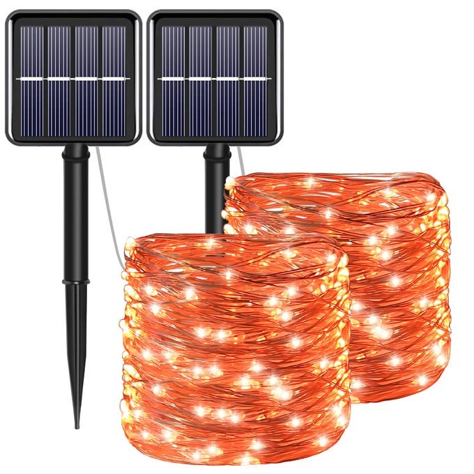 FALL OUTDOOR DECORATIONS ORANGE SOLAR STRING LIGHTS OUTDOOR 2PACK TOTAL 200 LED FAIRY FALL LIGHTS THANKSGIVING HALLOWEEN DECOR 8 MODES WATERPROOF FOR PORCH GARDEN PATIO FENCE BALCONY