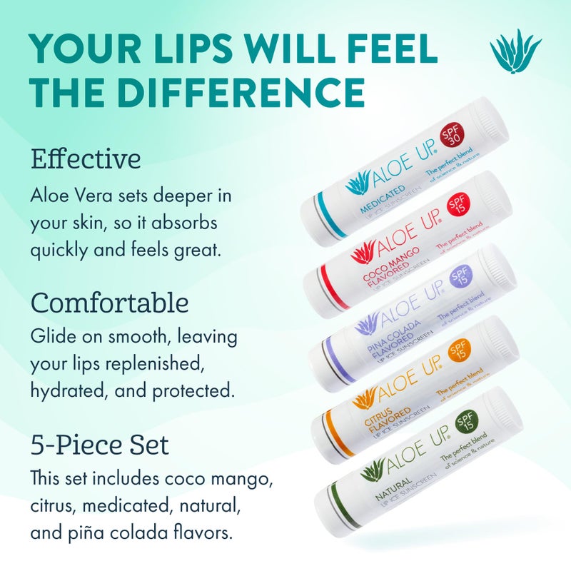 Aloe Up Lip Ice - Lip Balm 5-Pack - Includes SPF 15 Lip Balms and an SPF 30 Medicated Lip Balm - With Natural Moisturizing Oils and Hydrating Aloe Vera Gel - Alcohol-Free - Assorted Lip Care Pack - Image 2