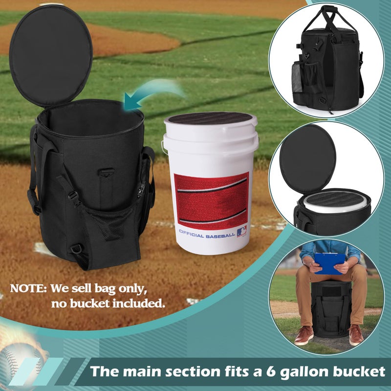Smasrob Baseball Coaches Bag Fits 6 Gallon Ball Bucket, Baseball Bucket Bag with Backpack and Shoulder Straps, Black - Image 5