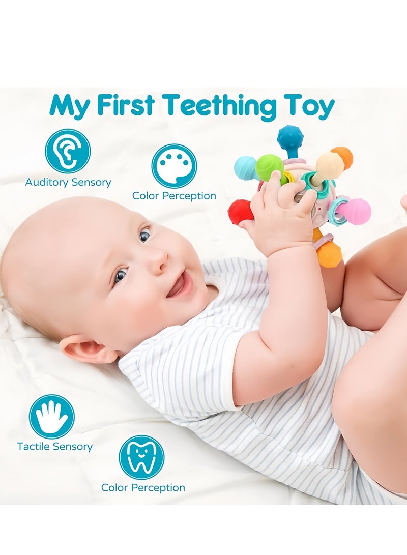 3-in-1 Baby Rattle/hand grab ball/teether,Baby Teething Toy,Rattles Toddlers Silicone Teether, Infants Montessori Sensory Toys,100% Bpa-Free Teether baby chewing toys for Boys and Girls, Babies  Gif - Image 4