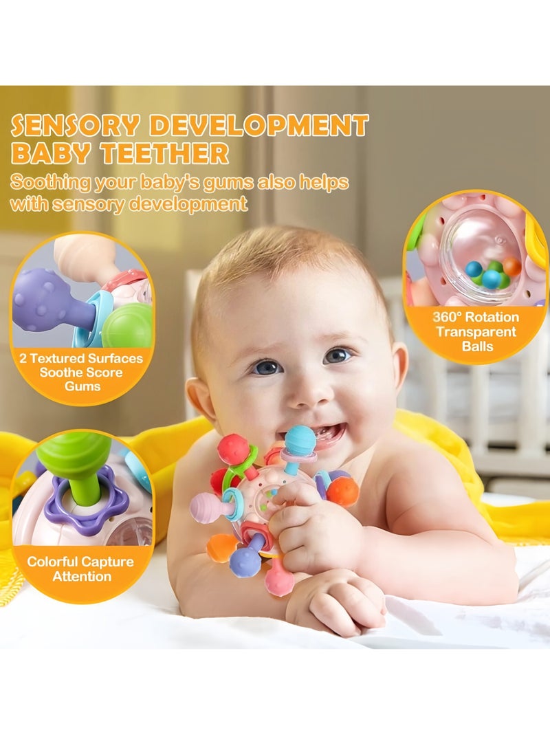3-in-1 Baby Rattle/hand grab ball/teether,Baby Teething Toy,Rattles Toddlers Silicone Teether, Infants Montessori Sensory Toys,100% Bpa-Free Teether baby chewing toys for Boys and Girls, Babies  Gif - Image 2