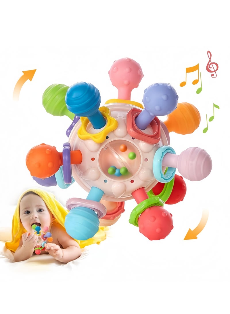 3-in-1 Baby Rattle/hand grab ball/teether,Baby Teething Toy,Rattles Toddlers Silicone Teether, Infants Montessori Sensory Toys,100% Bpa-Free Teether baby chewing toys for Boys and Girls, Babies  Gif - Image 1