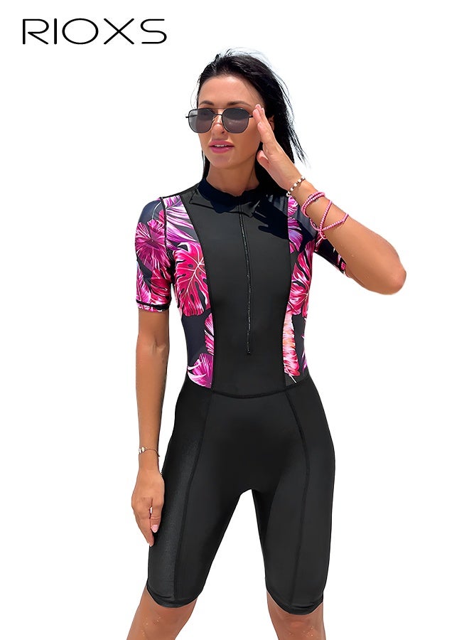 ريوكس ملابس سباحة نسائية من قطعة واحدة، ملابس سباحة قصيرة الأكمام وطويلة الساقين مع سحاب أمامي، ملابس سباحة نسائية مزينة بخطوط زهرية لحماية من أشعة الشمس فوق البنفسجية، ملابس سباحة ضيقة لممارسة رياضة ركوب الأمواج وممارسة الرياضات المائية مثل التجديف/التجديف بالزوارق/ال - Image 1