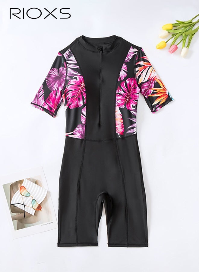 ريوكس ملابس سباحة نسائية من قطعة واحدة، ملابس سباحة قصيرة الأكمام وطويلة الساقين مع سحاب أمامي، ملابس سباحة نسائية مزينة بخطوط زهرية لحماية من أشعة الشمس فوق البنفسجية، ملابس سباحة ضيقة لممارسة رياضة ركوب الأمواج وممارسة الرياضات المائية مثل التجديف/التجديف بالزوارق/ال - Image 5