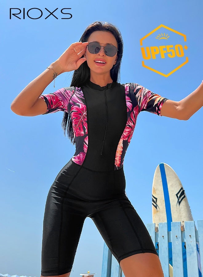 ريوكس ملابس سباحة نسائية من قطعة واحدة، ملابس سباحة قصيرة الأكمام وطويلة الساقين مع سحاب أمامي، ملابس سباحة نسائية مزينة بخطوط زهرية لحماية من أشعة الشمس فوق البنفسجية، ملابس سباحة ضيقة لممارسة رياضة ركوب الأمواج وممارسة الرياضات المائية مثل التجديف/التجديف بالزوارق/ال - Image 3