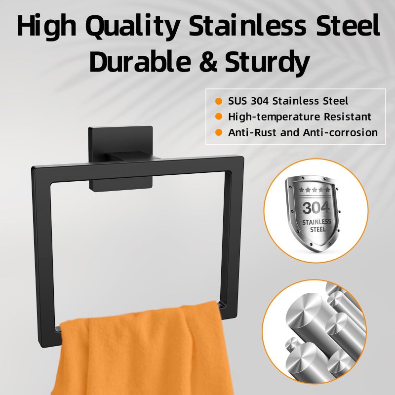 Z-TIISON Matte Black Square Towel Ring, SUS304 Stainless Steel Hand Towel Holder for Bathroom Kitchen, Modern Style Towel Hanger, Thicken Ring Towel Holder, Towel Rack Square Wall Mounted - Image 2