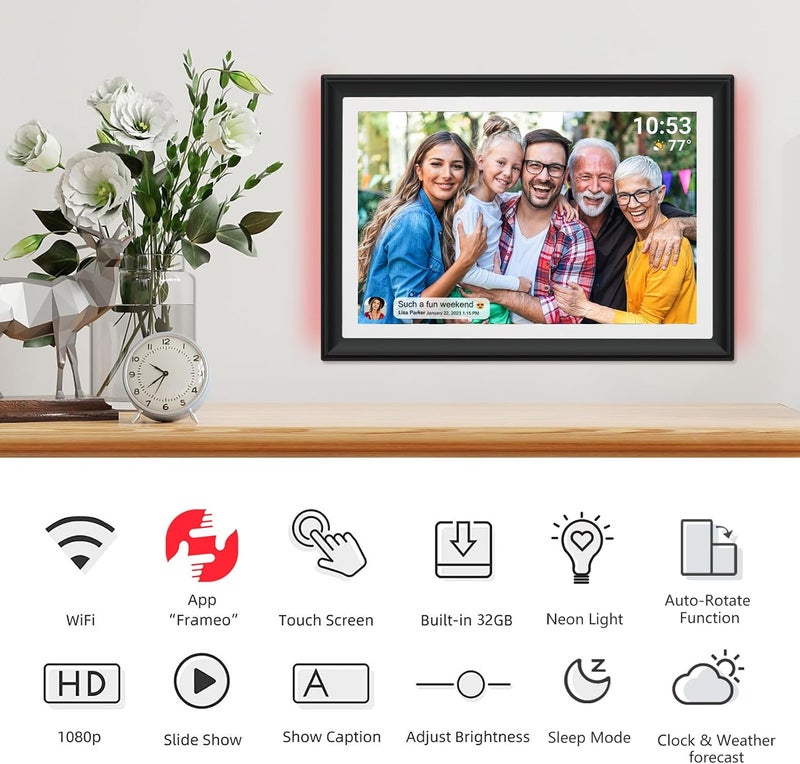 إطار صور رقمي FRAMEO 32 جيجابايت 10.1 بوصة واي فاي مع ضوء LED، شاشة لمس IPS LCD عالية الدقة 1280x800، تدوير تلقائي للصورة العمودية والأفقية، سعة تخزين 32 جيجابايت، مشاركة اللحظات فورًا عبر تطبيق Frameo من أي مكان - Image 2