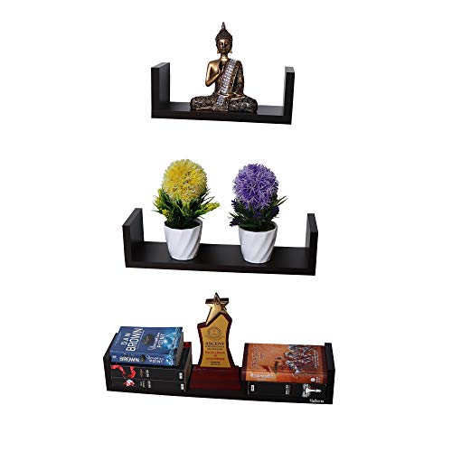 Madhuran Wooden Wall Mounted U Shape Books Shelf Unit (Tier 3, Wenge) II for Home Library Living Room Bathroom Bedroom Kitchen Storage Tv Furniture - Image 1