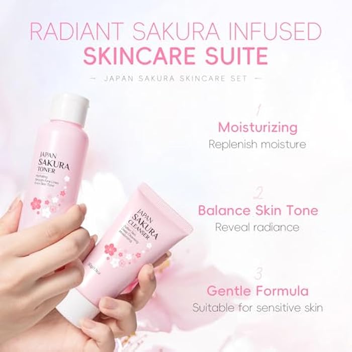 Tiejdhr 6Pcs Sakura Skincare Kit For Teenage Girls Women, Beauty Travel Skincare Gift Set, The Skin Care Set Includes Facial Cleanser, Toner, Lotion, Essence, Eye Cream And Face Cream - Image 3