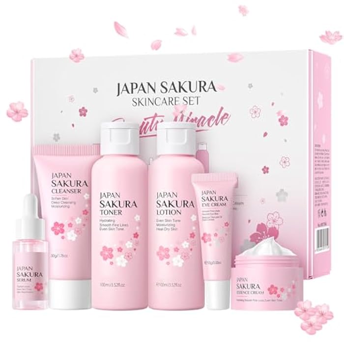 Tiejdhr 6Pcs Sakura Skincare Kit For Teenage Girls Women, Beauty Travel Skincare Gift Set, The Skin Care Set Includes Facial Cleanser, Toner, Lotion, Essence, Eye Cream And Face Cream - Image 1
