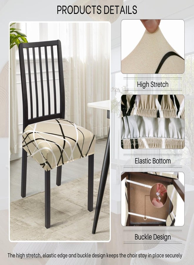 SearchI Stretch Dining Chair Seat Covers Set of 6, Soft Removable Washable Seat Covers for Dining Chairs, Dining Room Seat Cover Slipcover Protector (Rear-Covered, Beige Stripe) - Image 2