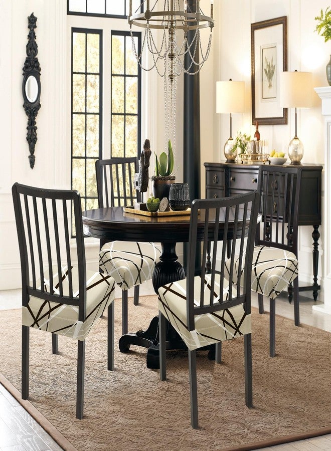 SearchI Stretch Dining Chair Seat Covers Set of 6, Soft Removable Washable Seat Covers for Dining Chairs, Dining Room Seat Cover Slipcover Protector (Rear-Covered, Beige Stripe) - Image 3