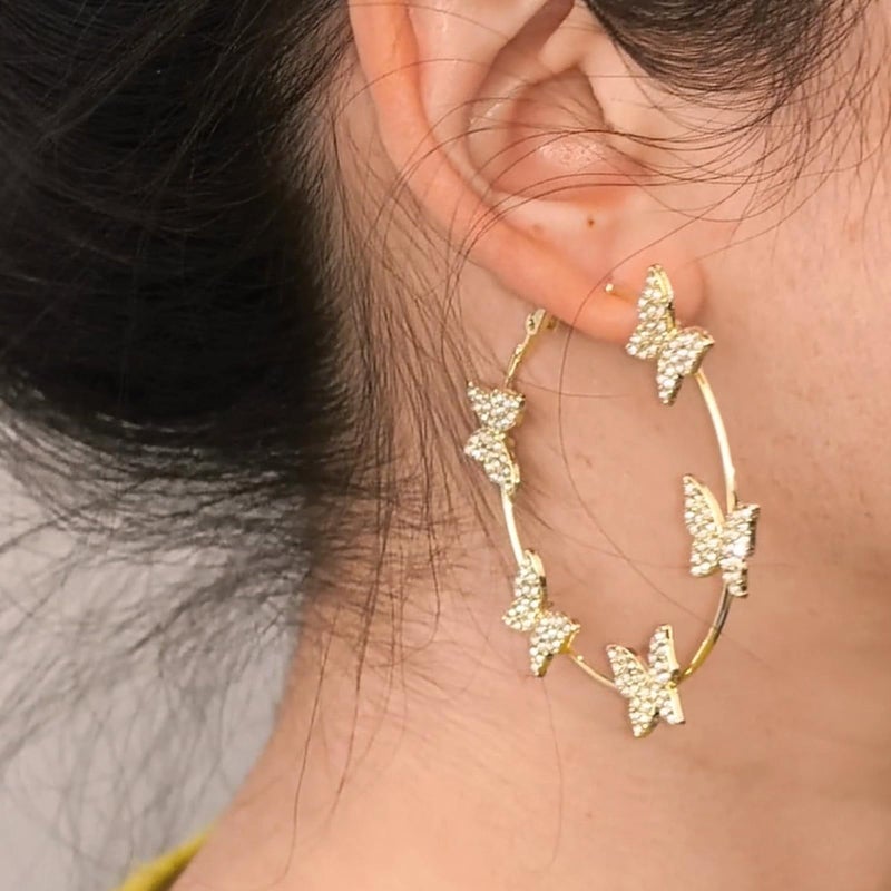 HTH Butterfly Hoop Earrings for Women Big Hoop Cubic Zirconia Butterfly Earrings Spring Summer Jewelry(Gold) - Image 3