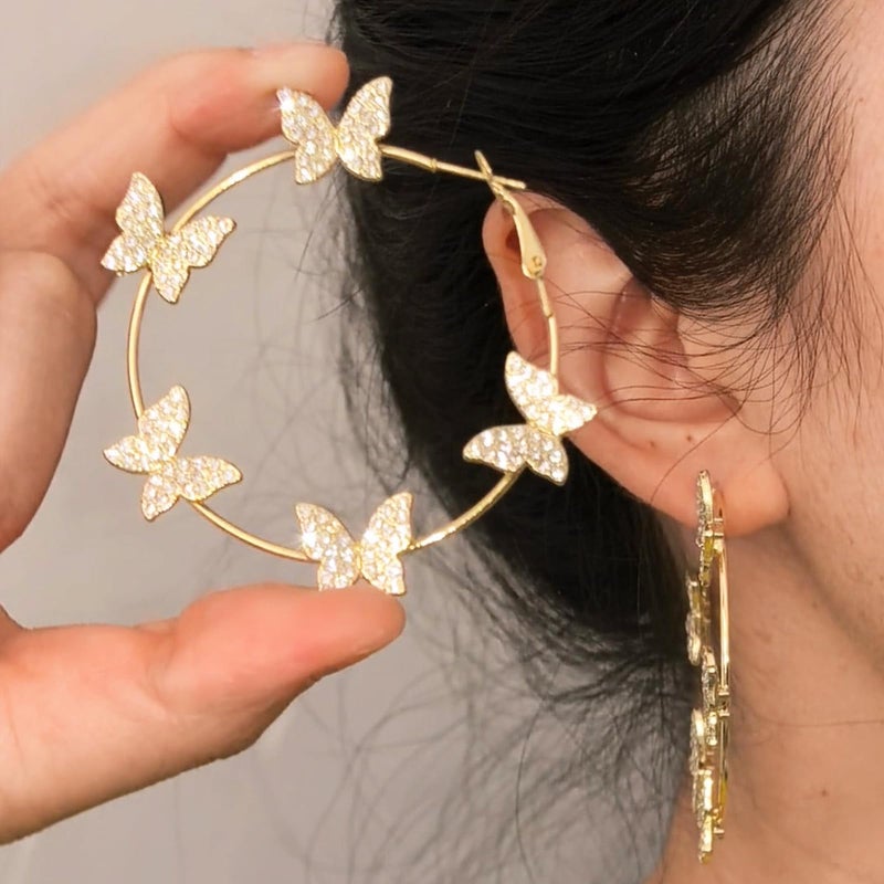 HTH Butterfly Hoop Earrings for Women Big Hoop Cubic Zirconia Butterfly Earrings Spring Summer Jewelry(Gold) - Image 2