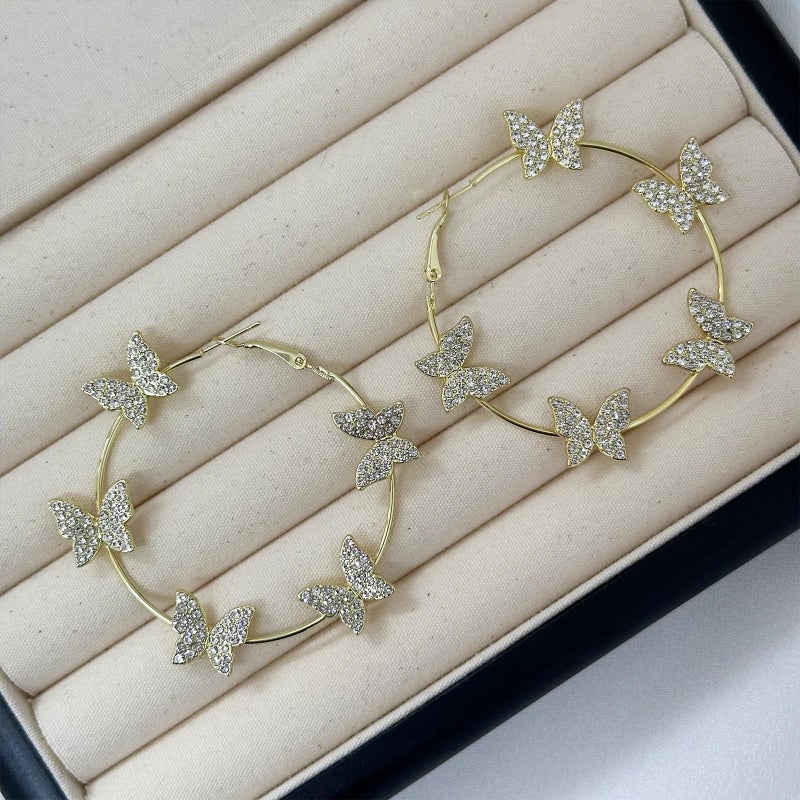 HTH Butterfly Hoop Earrings for Women Big Hoop Cubic Zirconia Butterfly Earrings Spring Summer Jewelry(Gold) - Image 5