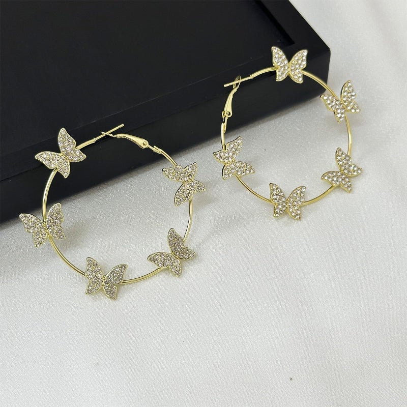 HTH Butterfly Hoop Earrings for Women Big Hoop Cubic Zirconia Butterfly Earrings Spring Summer Jewelry(Gold) - Image 4
