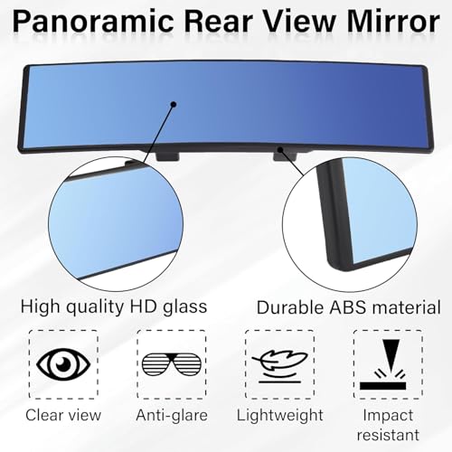 aakichi 12-Inch Panoramic Rear View Mirror, Universal Anti-Glare Car Clip-On Wide Mirror with HD Glass, Curve Design for Clear View and Blind Spot Reduction (Blue/Anti-Dazzle) - Image 2