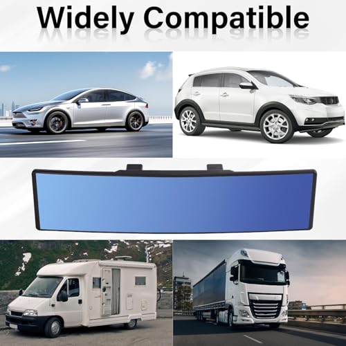 aakichi 12-Inch Panoramic Rear View Mirror, Universal Anti-Glare Car Clip-On Wide Mirror with HD Glass, Curve Design for Clear View and Blind Spot Reduction (Blue/Anti-Dazzle) - Image 5