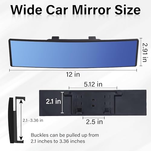 aakichi 12-Inch Panoramic Rear View Mirror, Universal Anti-Glare Car Clip-On Wide Mirror with HD Glass, Curve Design for Clear View and Blind Spot Reduction (Blue/Anti-Dazzle) - Image 3