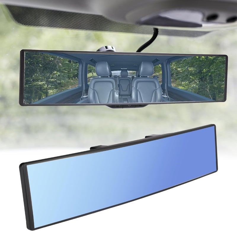aakichi 12-Inch Panoramic Rear View Mirror, Universal Anti-Glare Car Clip-On Wide Mirror with HD Glass, Curve Design for Clear View and Blind Spot Reduction (Blue/Anti-Dazzle) - Image 1