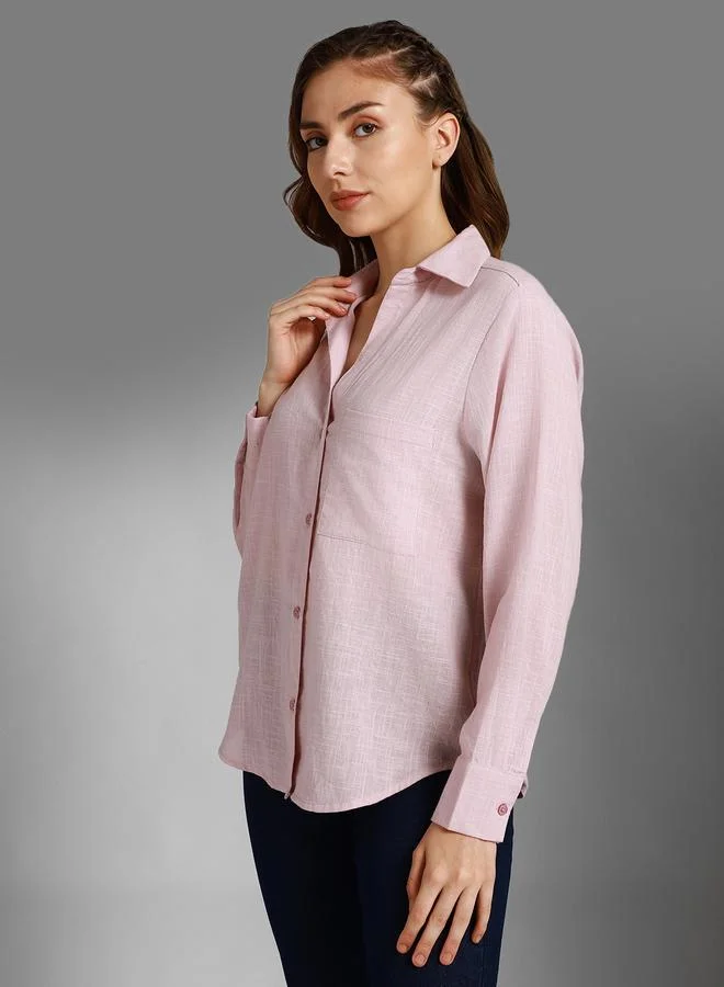 HIGH STAR Women's Pink 100% Cotton Solid Pattern Button Down Shirt