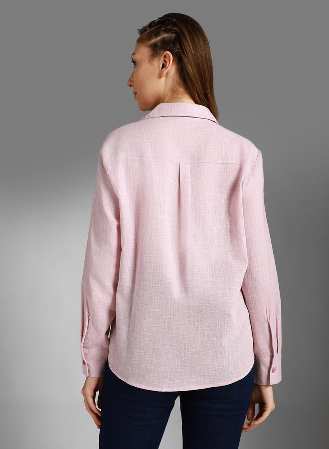 HIGH STAR Women'S Pink 100% Cotton Solid Pattern Button Down Shirt - Image 2