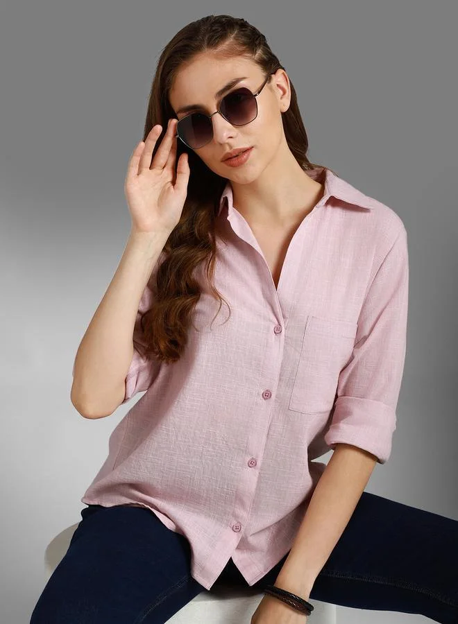 HIGH STAR Pink Women'S Pink 100% Cotton Solid Pattern Button Down Shirt for Women | Best Price UAE