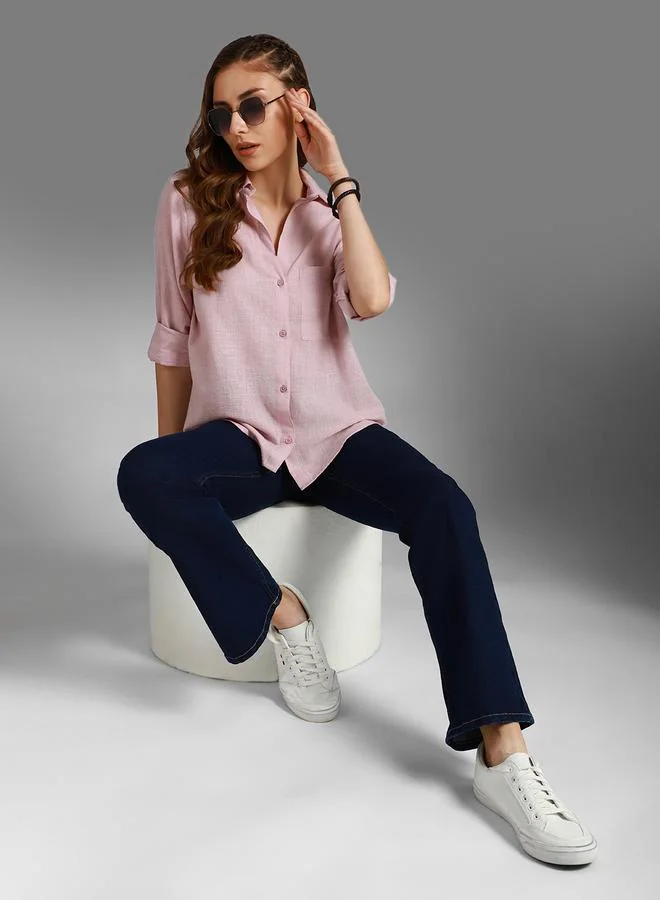 HIGH STAR Pink Women'S Pink 100% Cotton Solid Pattern Button Down Shirt for Women | Best Price UAE