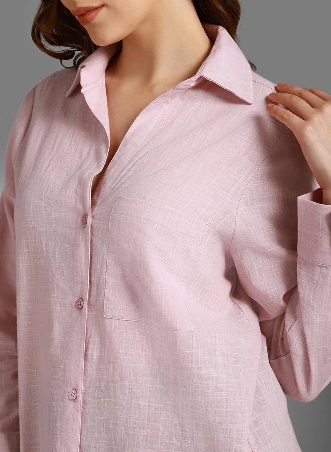 HIGH STAR Pink Women'S Pink 100% Cotton Solid Pattern Button Down Shirt for Women | Best Price UAE