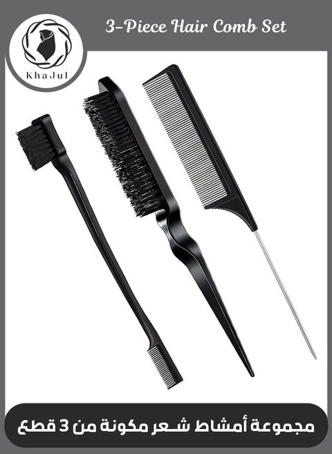 3-Piece Slick Back Hair Brush Set Hair Brush Edge Control Brush Teasing Comb Rat Tail Comb for Women Baby Kids' Hair (Black)