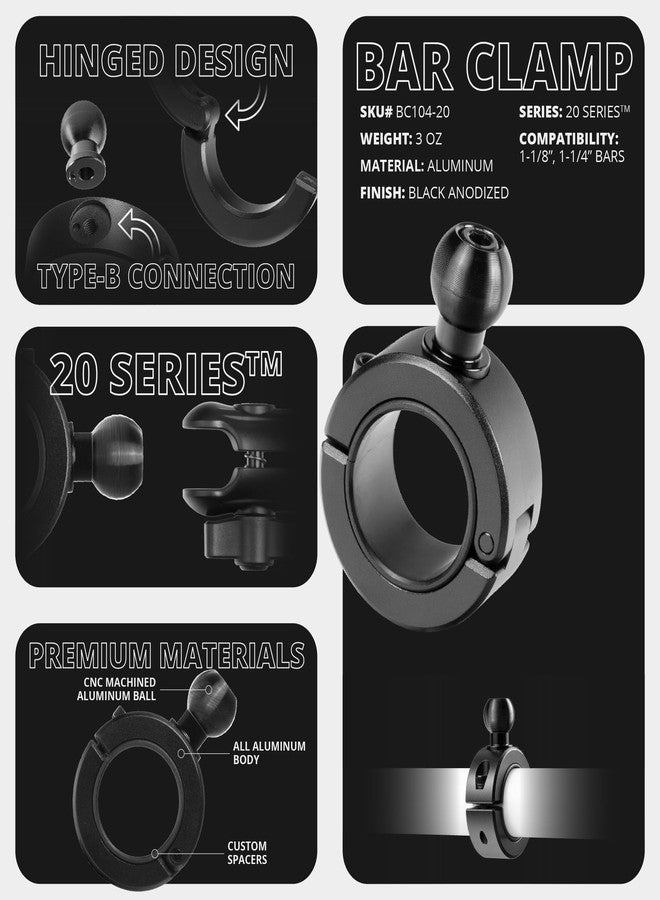 Tackform 20 Series BC1 Bar Clamp with 20mm Aluminum Ball | Billet Aluminum Clamp with Rubber Insert for 1-1/8" and 1-1/4" Bars ONLY | Black - Image 3