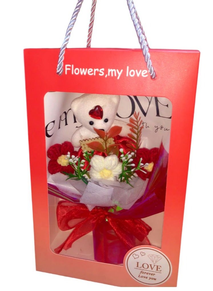 Red rose bouquet bag box, beautiful flower bouquet and teddy bear for Valentine's Day, occasions and birthdays - Image 1
